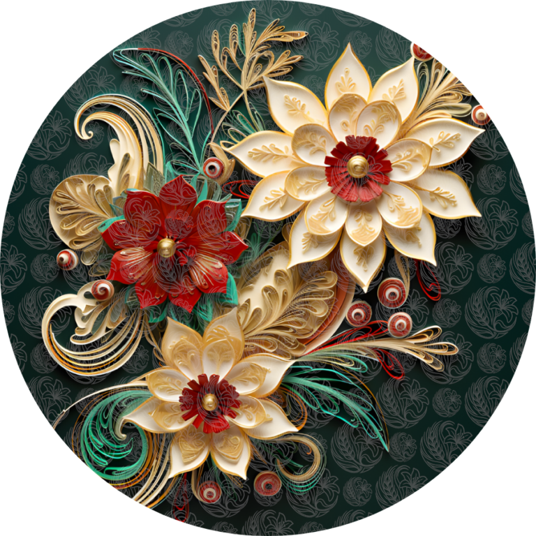 Paper quilling floral arrangement with cream red and gold flowers on dark teal background, Grey Barn Handwerk, Saskatchewan.
